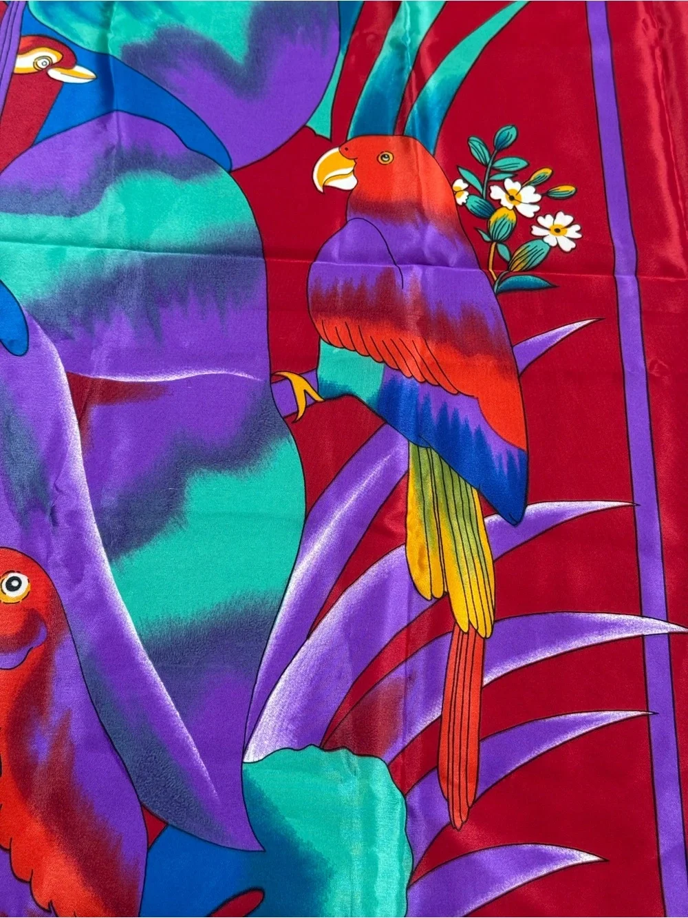 Striking Tropical Birds Palm Leaf Floral Parrot Toucan Silky Vibrant Red Scarf